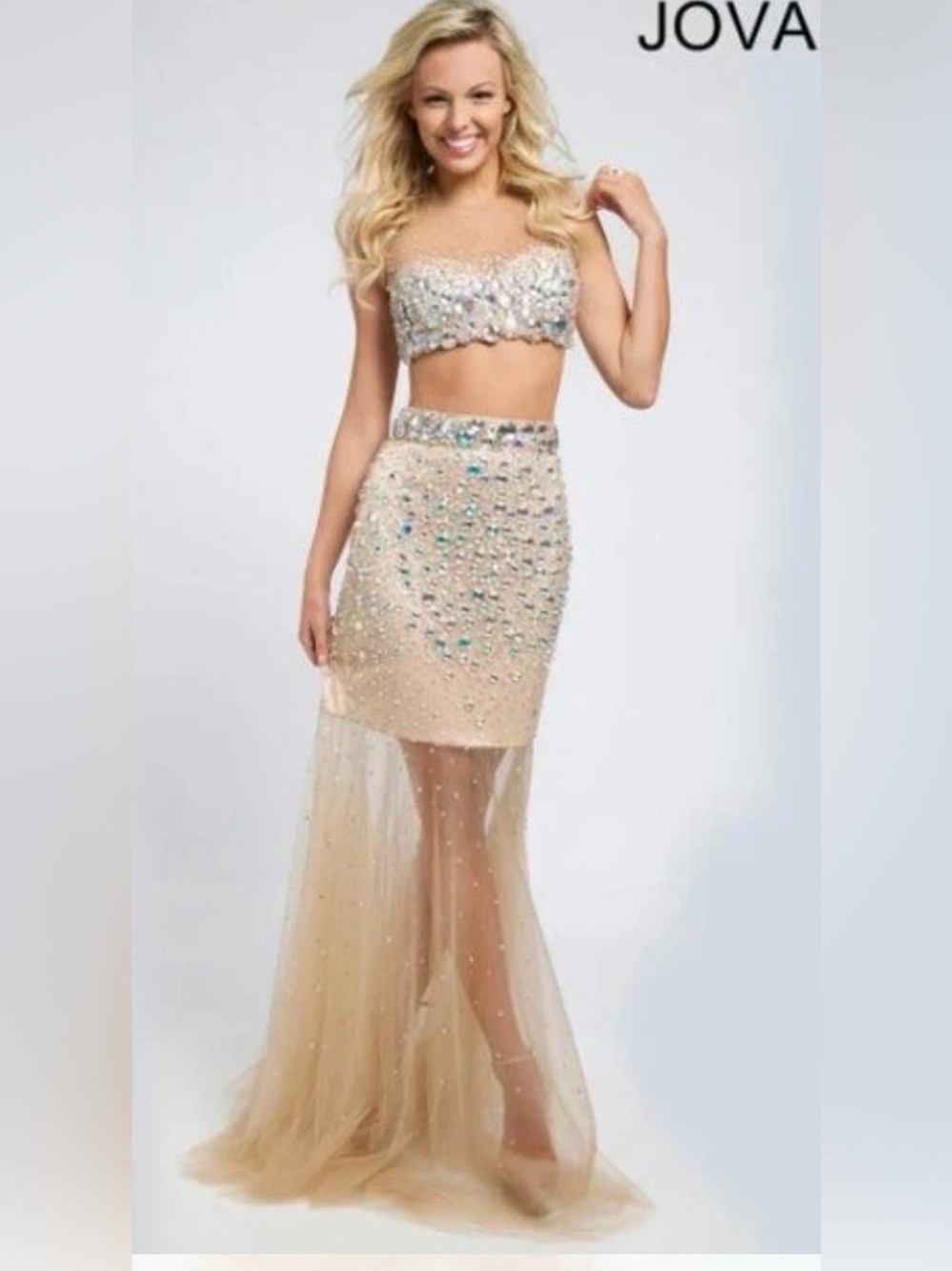 Jovani 98087 Sleeveless Sexy  Beige Two-Piece Embellished Evening Dress size 4